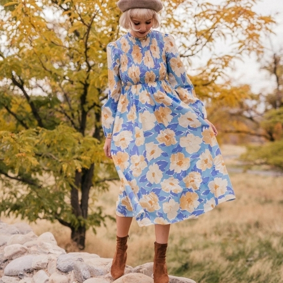 JessaKae Fallen Willow Floral Smocked Midi Cottagecore Peasent Long Sleeve Dress - Picture 3 of 12